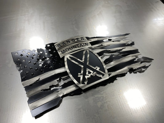 Tattered metal American flag featuring the 10th Mountain Division Ranger emblem in black and silver.