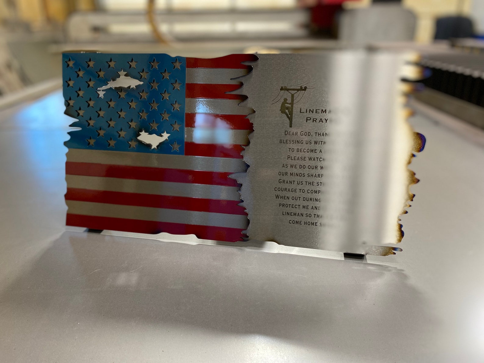 Metal American Flag with Lineman's Prayer and Distressed Finish