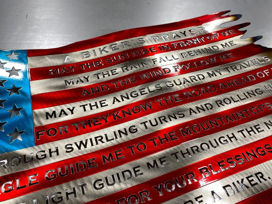 Wavy American flag metal art with biker prayer and heat-colored finish
