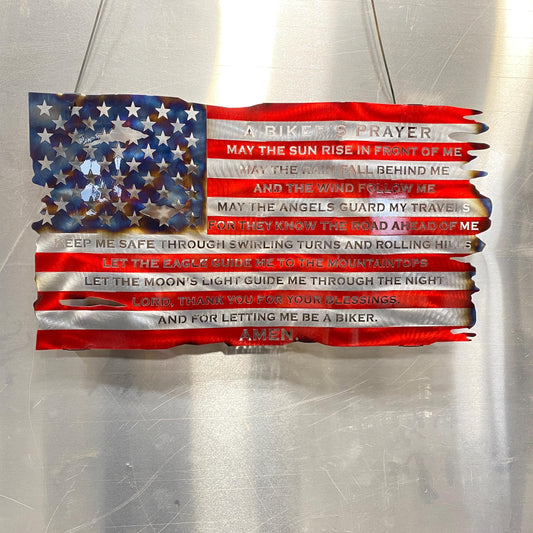 Wavy American flag metal art with biker prayer and heat-colored finish