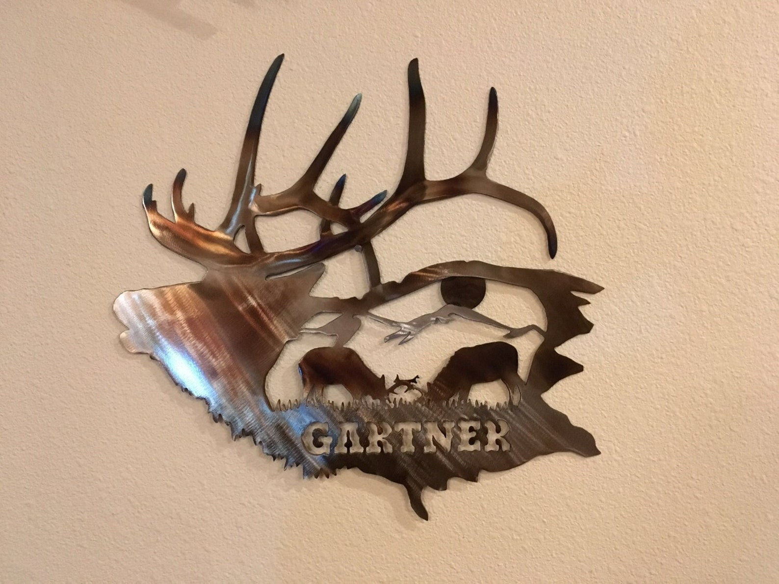 Personalized elk metal wall art with last name cut from steel