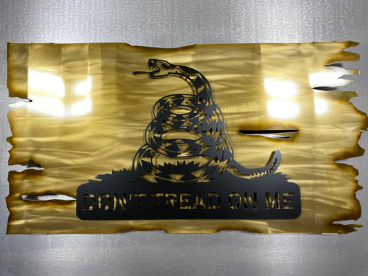 Distressed yellow metal Gadsden flag with Don’t Tread on Me design