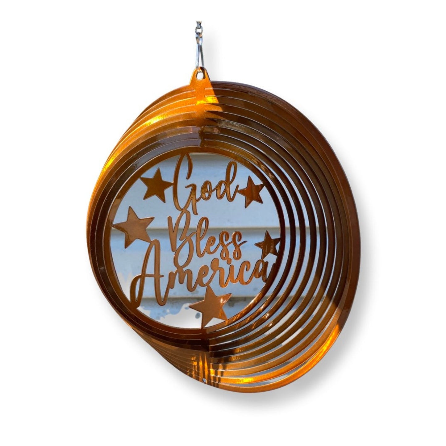 Metal windspinner with "God Bless America" design for patriotic outdoor decor