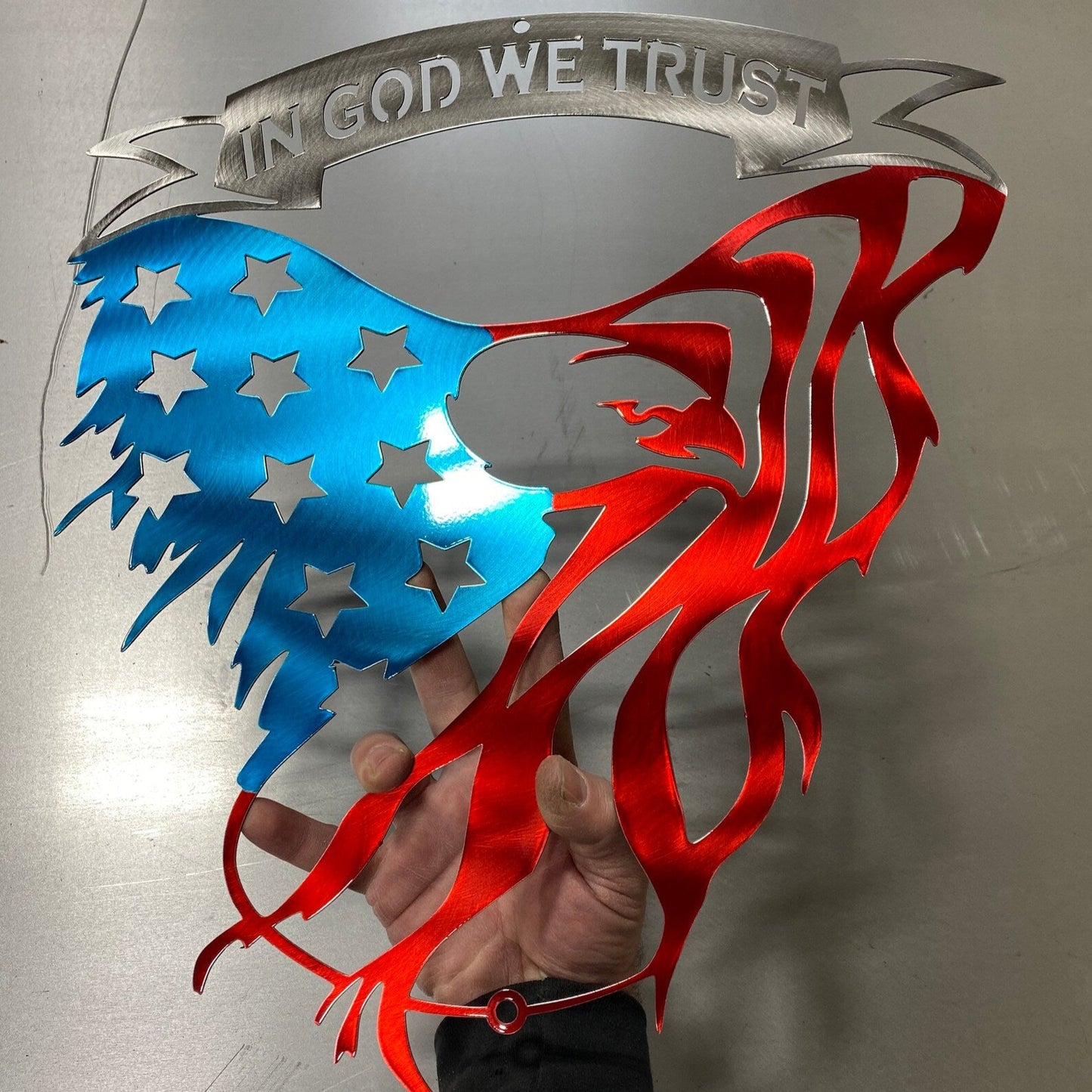 Metal eagle wall art with In God We Trust and American flag design