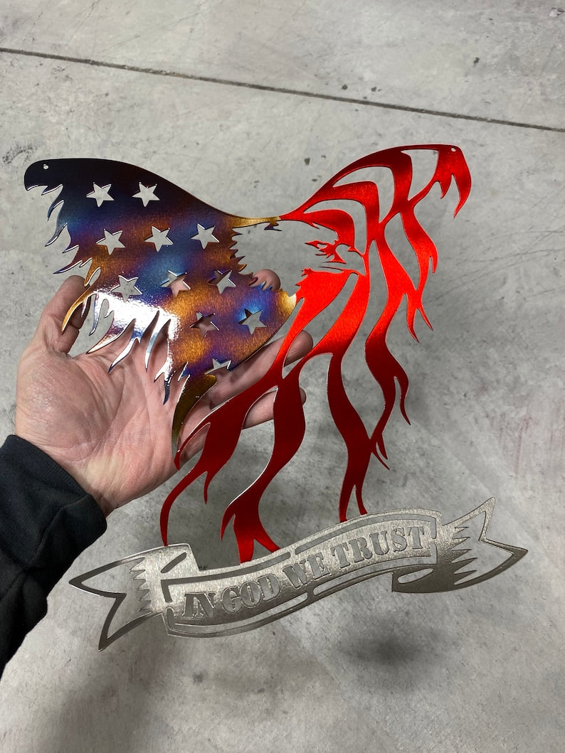 Land of the Free, Because of the Brave metal eagle with battle-worn flag finish, with heat patina and Red powder coat