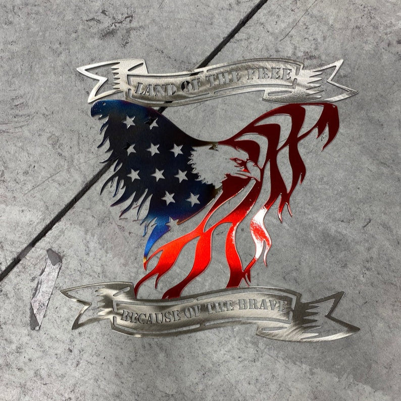 Land of the Free, Because of the Brave metal eagle with battle-worn flag finish,  with heat patina and Red powder coat