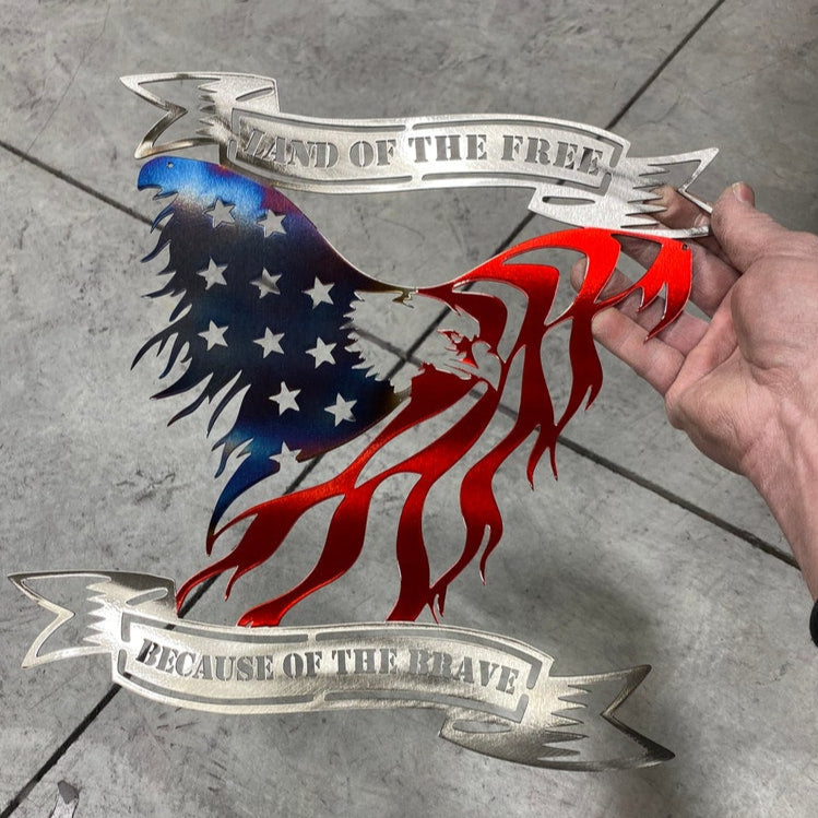 Land of the Free, Because of the Brave metal eagle with battle-worn flag finish,  with heat patina and Red powder coat