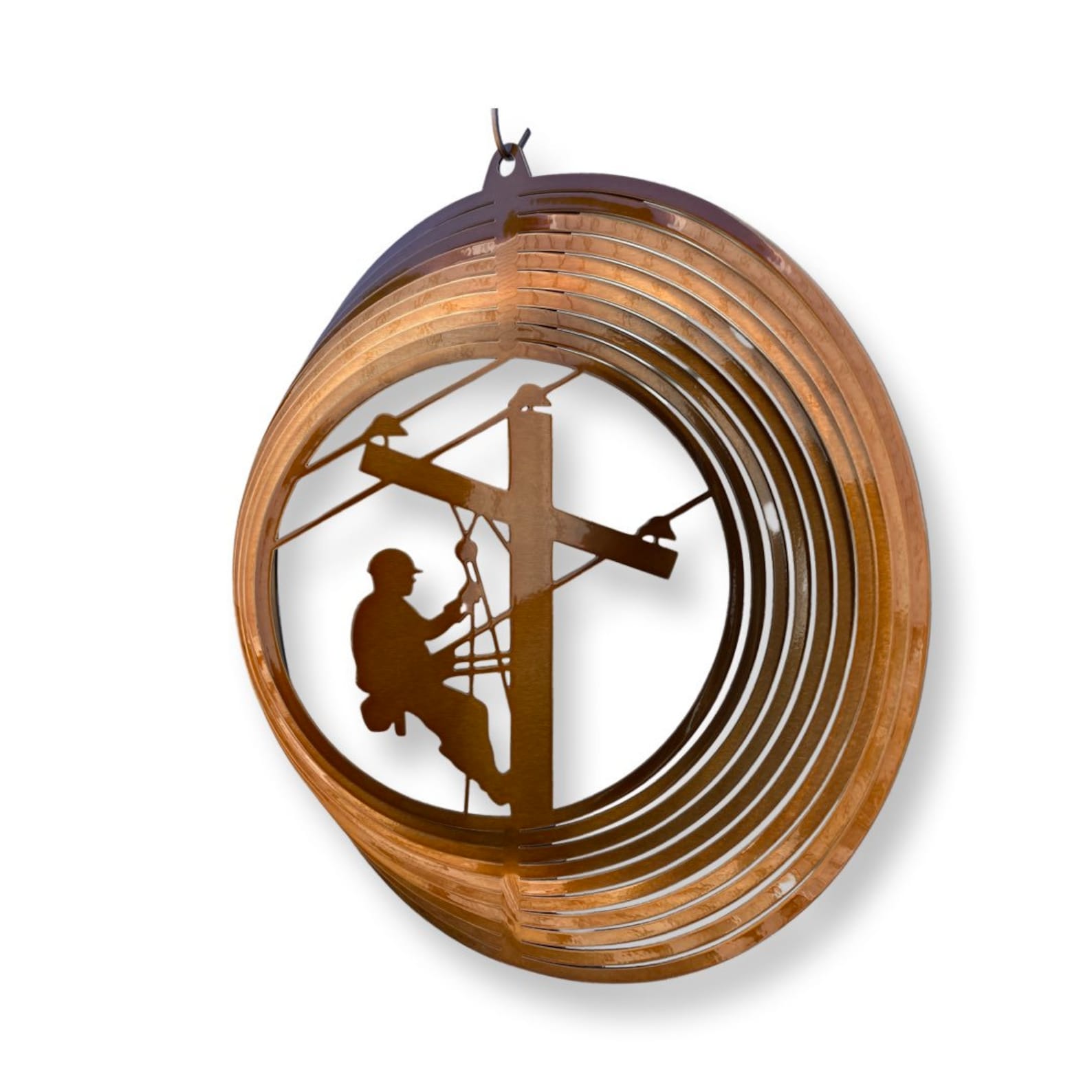 Lineman wind spinner made from powder coated metal for patriotic garden decor