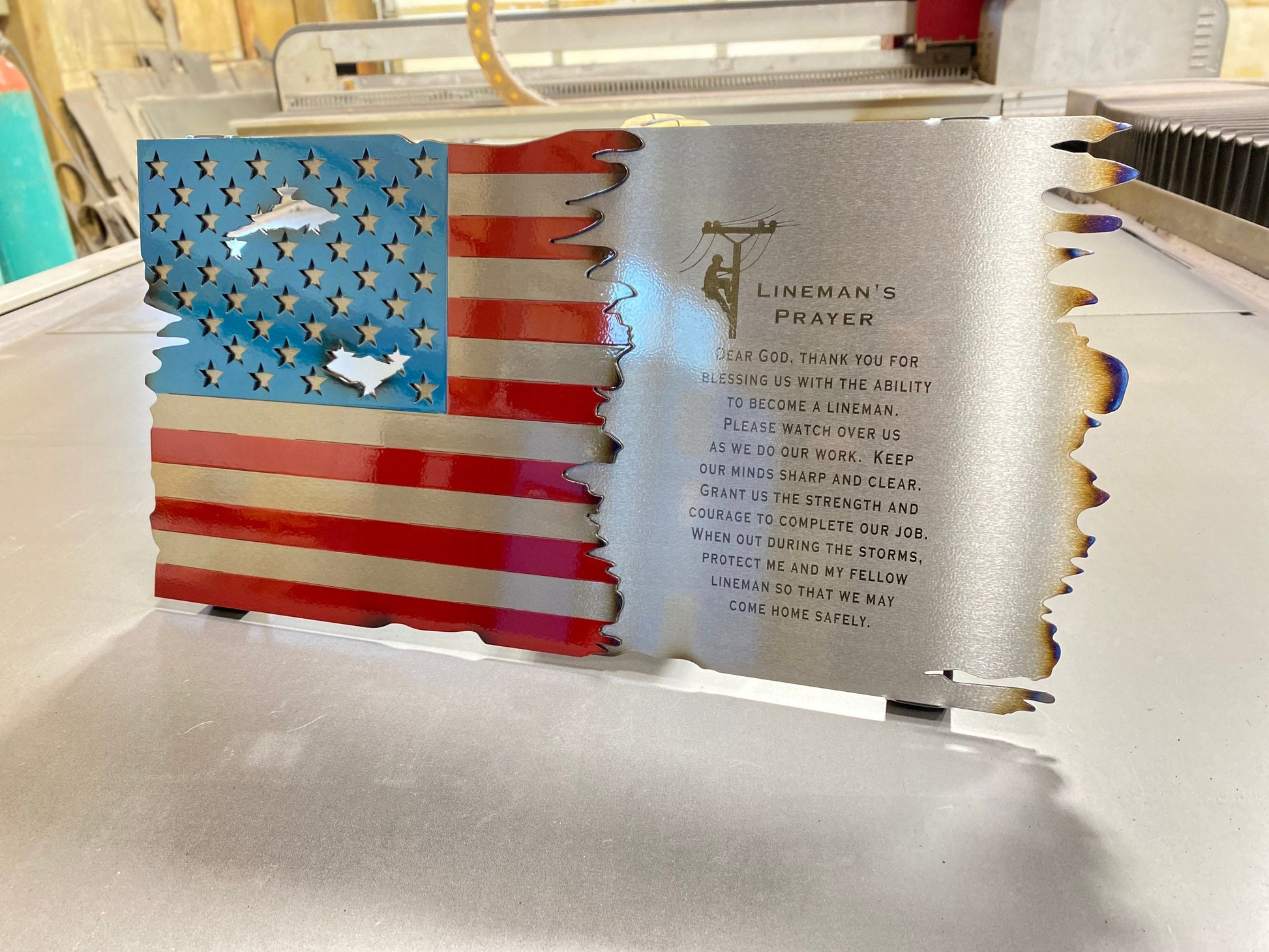 Metal American Flag with Lineman's Prayer and Distressed Finish