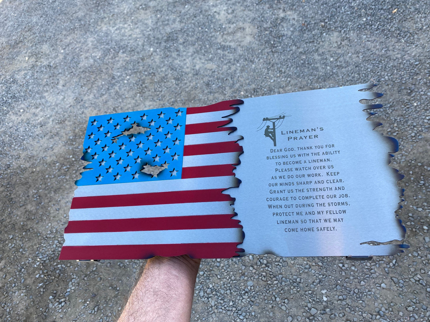 Metal American Flag with Lineman's Prayer and Distressed Finish