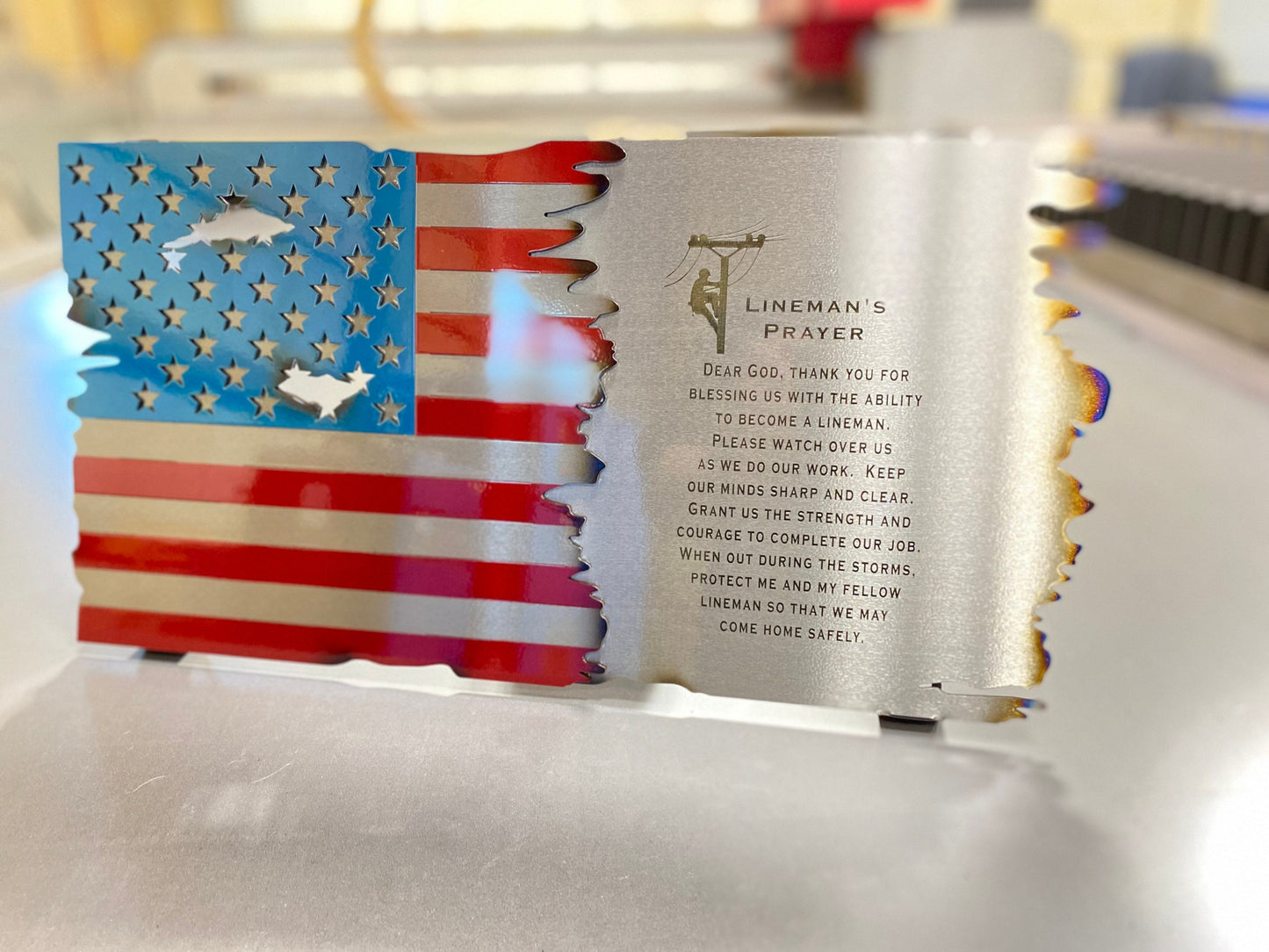 Metal American Flag with Lineman's Prayer and Distressed Finish