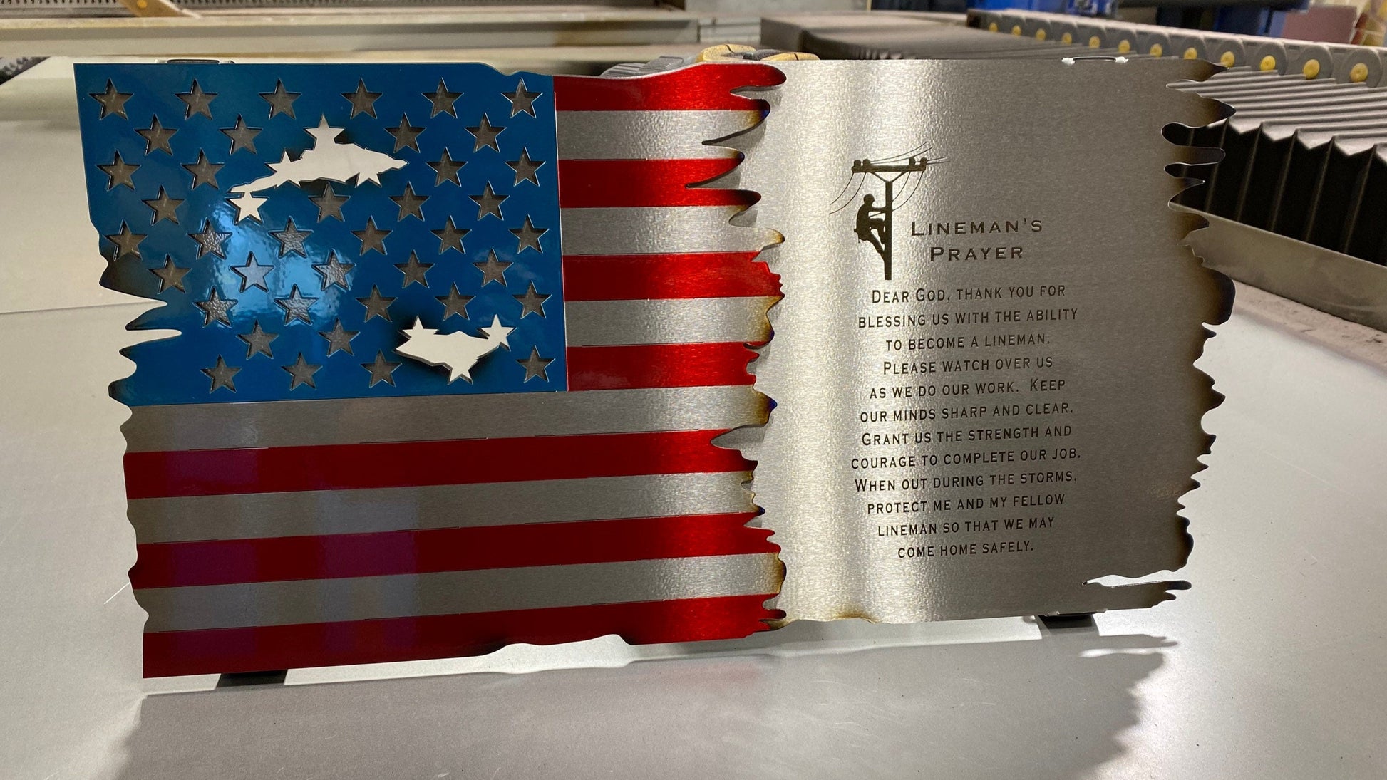 Metal American Flag with Lineman's Prayer and Distressed Finish