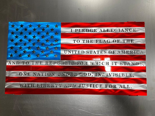 Metal American flag with Pledge of Allegiance in vibrant red, white, and blue