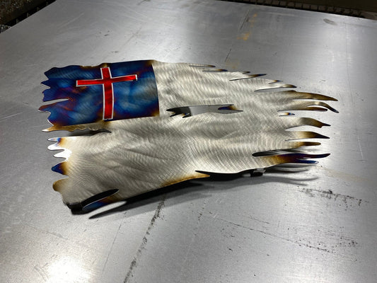 Tattered Metal Christian Flag with red cross and aged finish