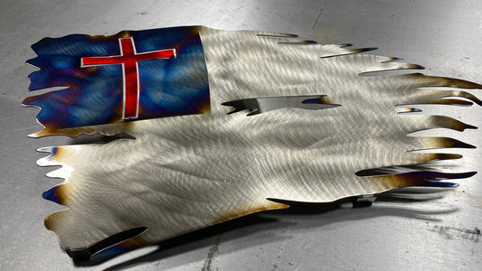 Tattered Metal Christian Flag with red cross and aged finish