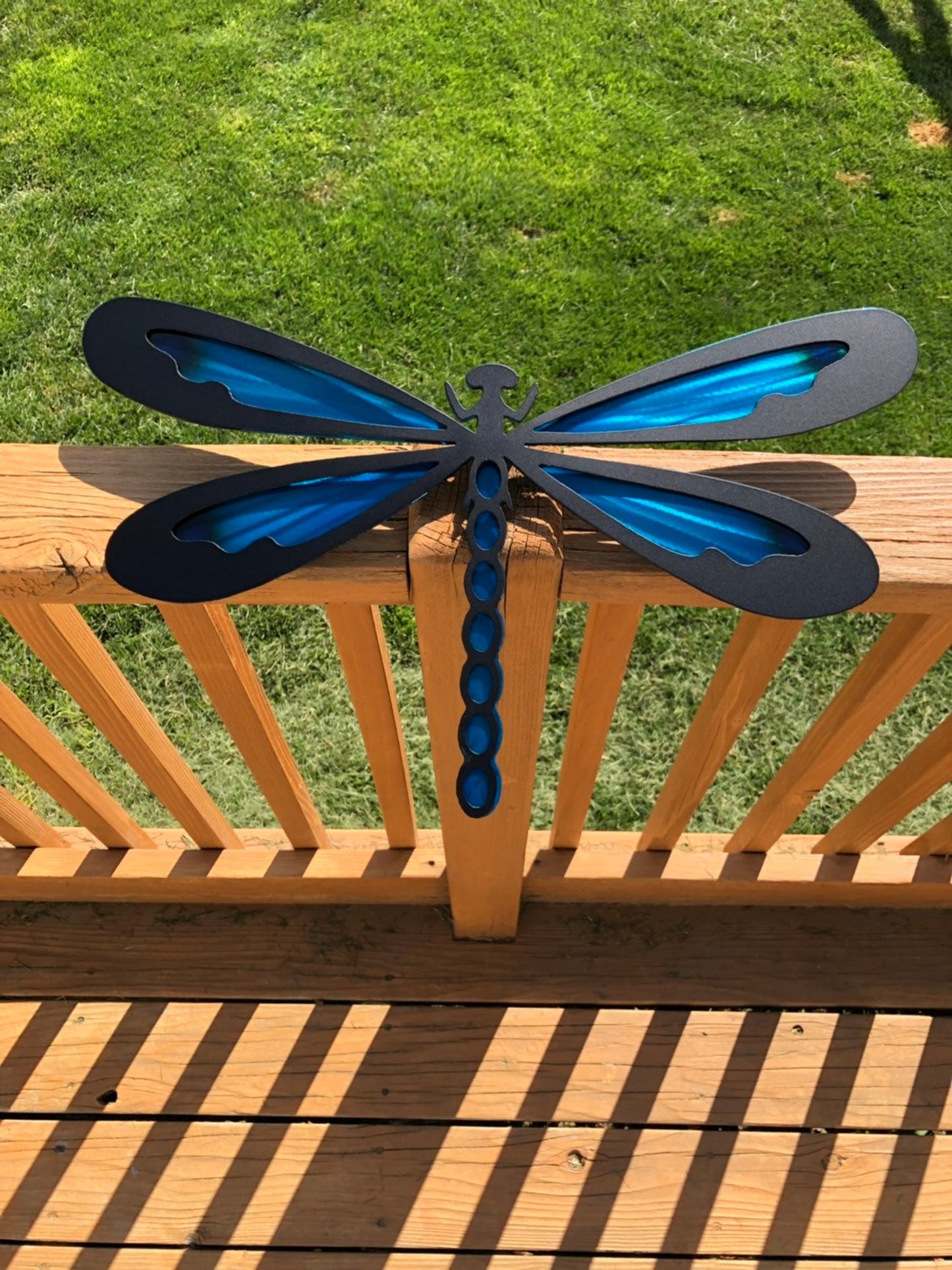 Colorful metal dragonfly wall art made from handcrafted American steel