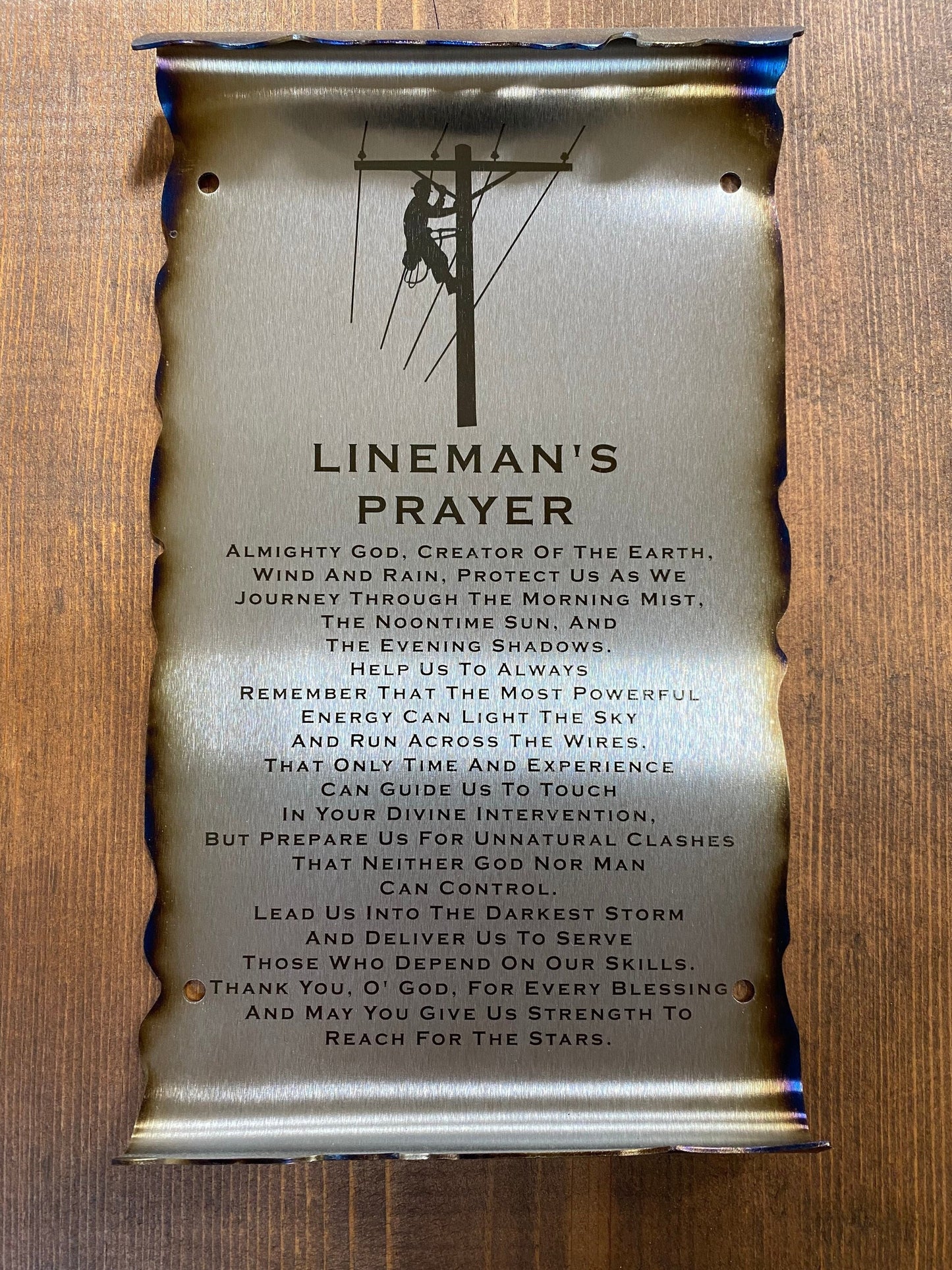Laser engraved metal Lineman’s Prayer Scroll made from American steel with powder coat finish, 6x10 inches