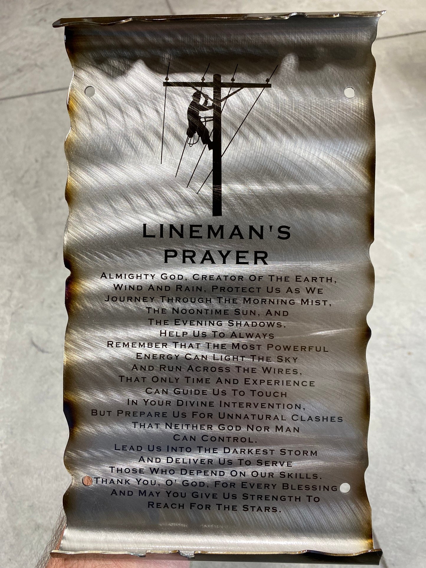Laser engraved metal Lineman’s Prayer Scroll made from American steel with powder coat finish, 6x10 inches