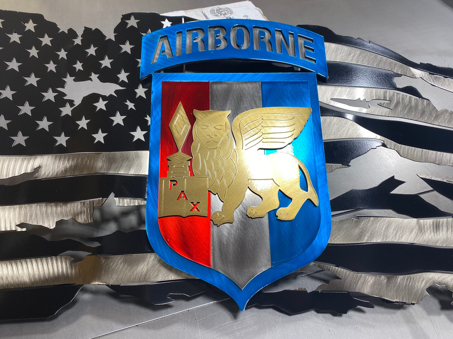 Metal American flag with SETAF Airborne patch for veteran and military decor