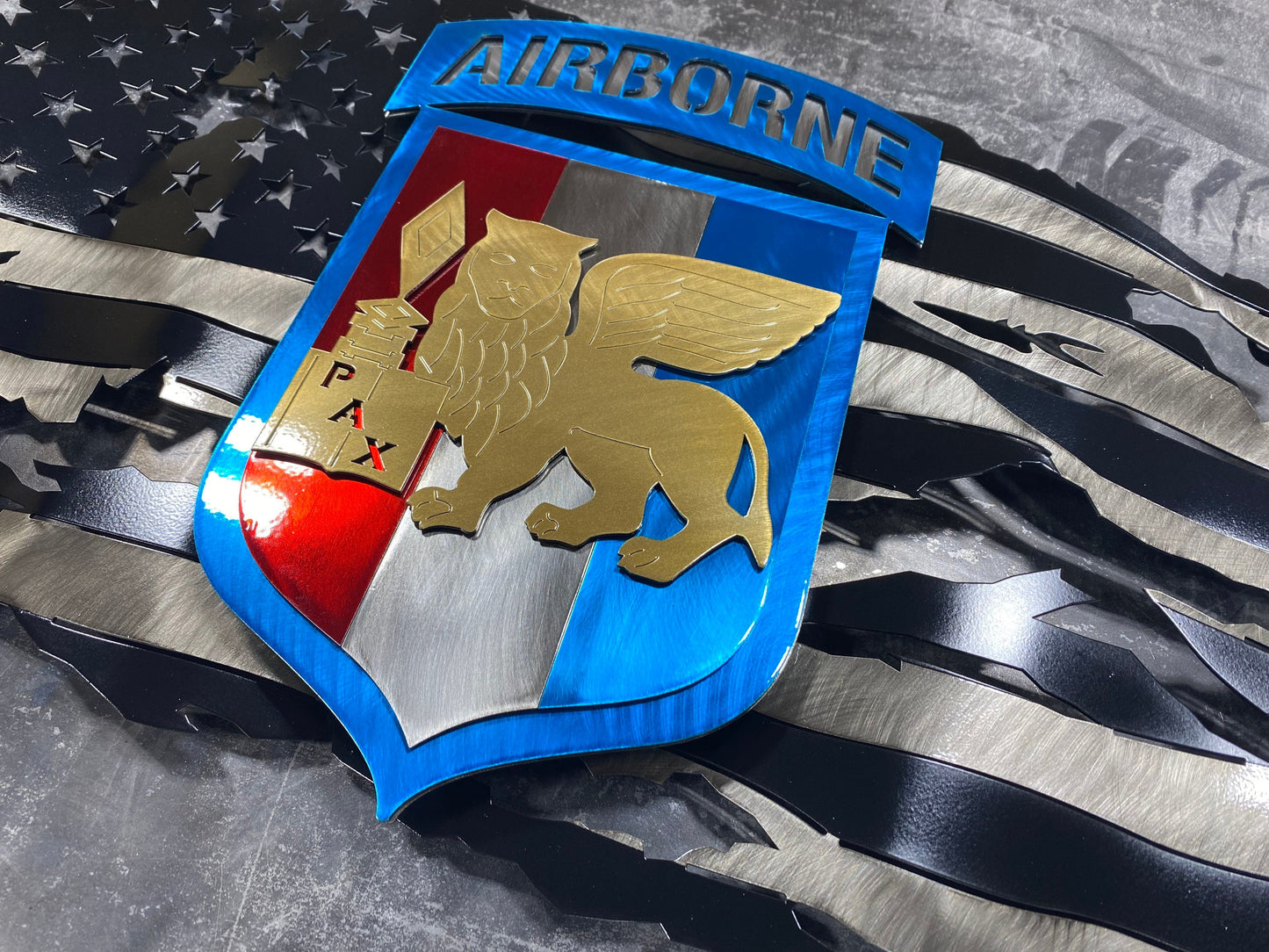 Metal American flag with SETAF Airborne patch for veteran and military decor