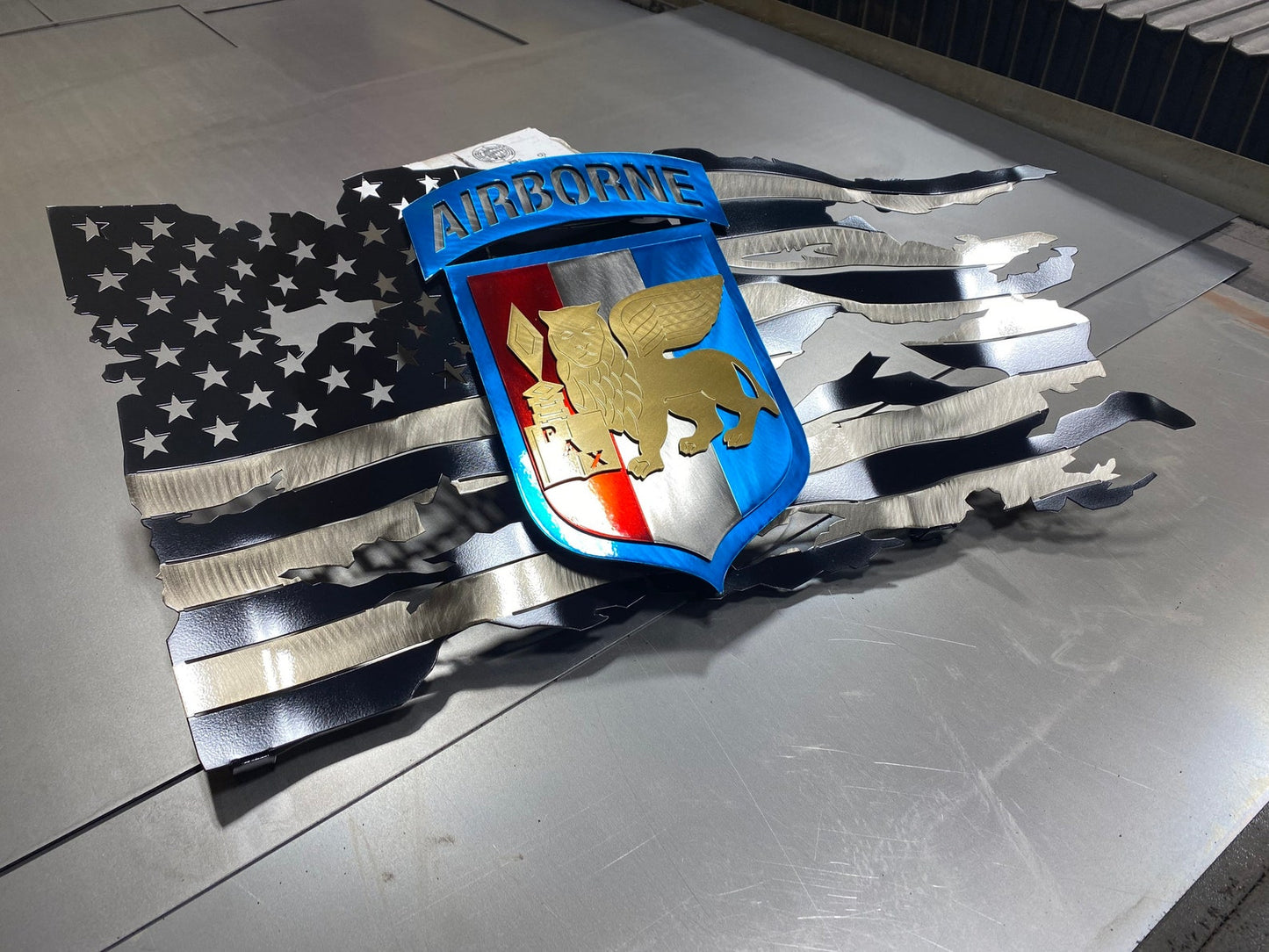 Metal American flag with SETAF Airborne patch for veteran and military decor