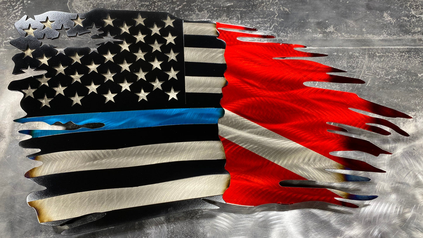CNC-cut metal flag combining Thin Blue Line and Diver Down symbols with a distressed finish