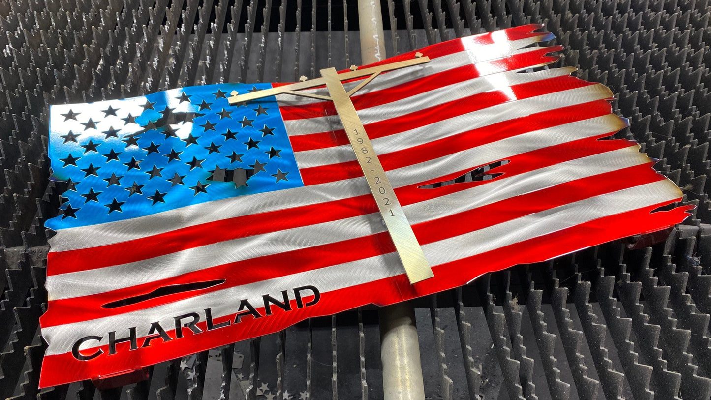Personalized Lineman metal American flag with silhouette and wave pattern