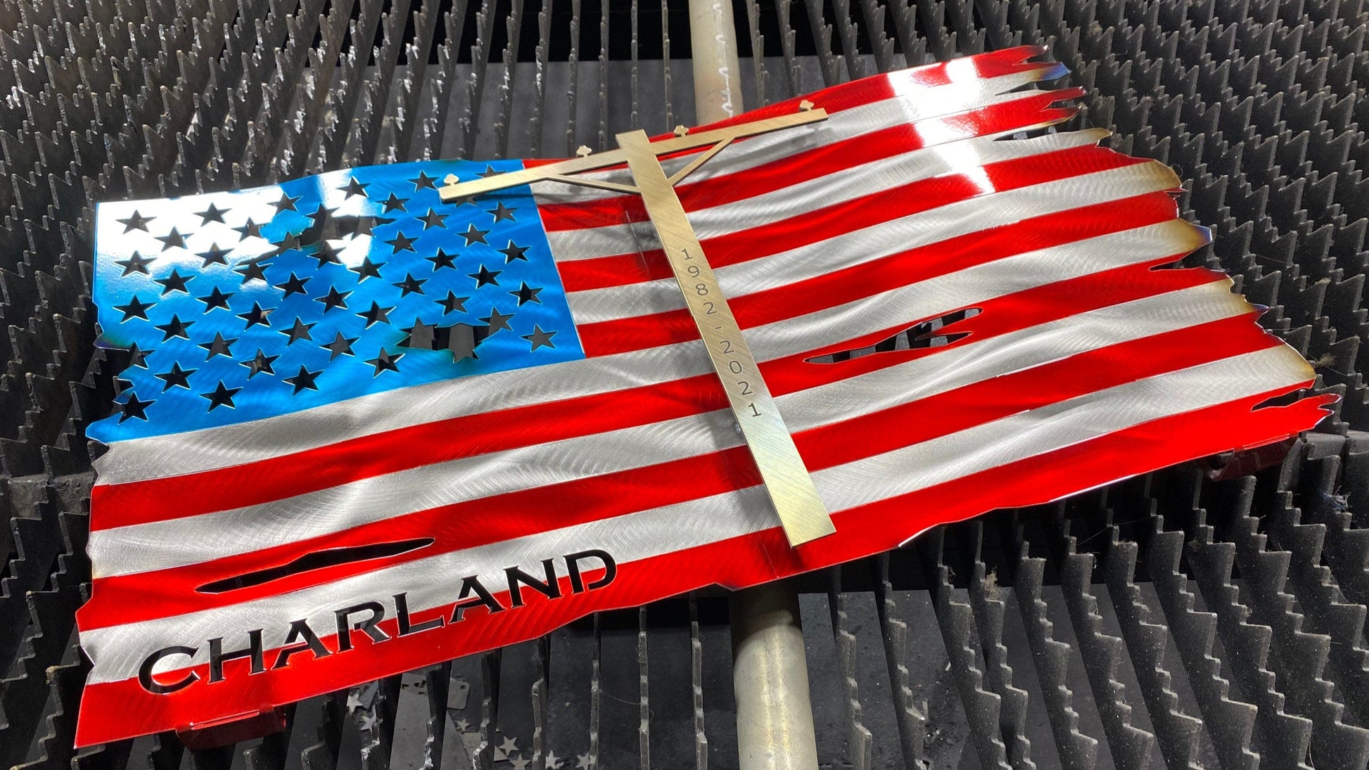 Personalized Lineman metal American flag with silhouette and wave pattern