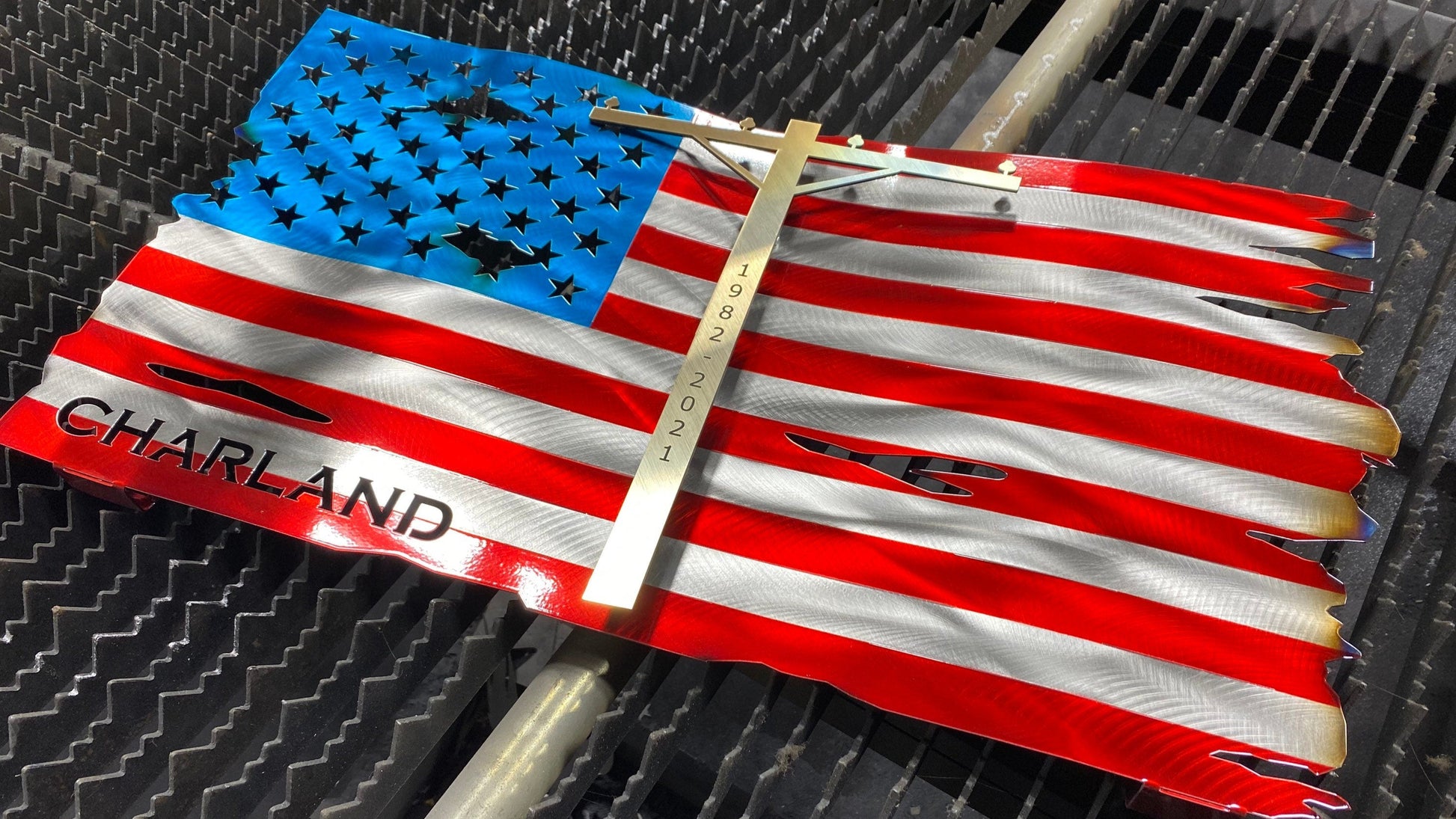 Personalized Lineman metal American flag with silhouette and wave pattern