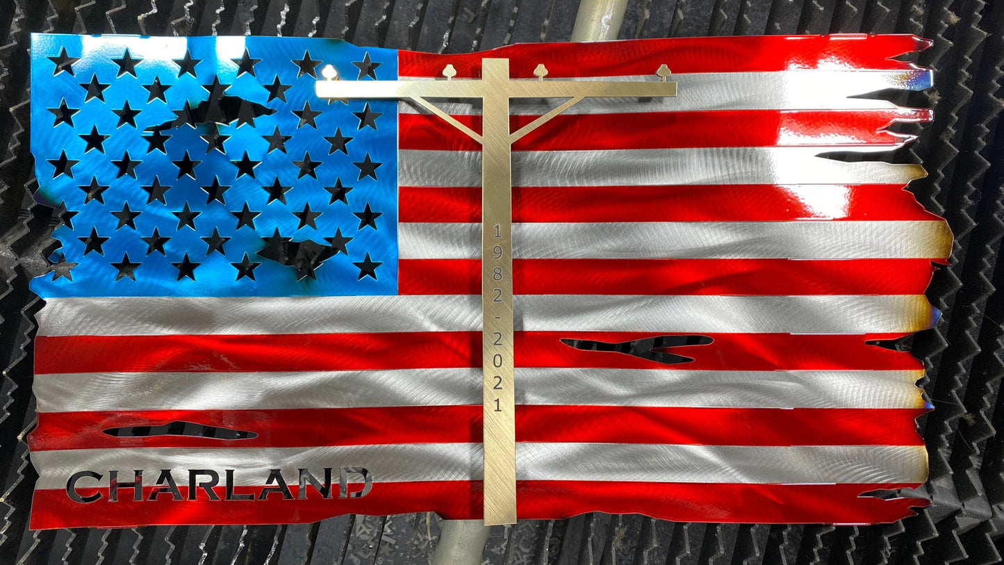Personalized Lineman metal American flag with silhouette and wave pattern