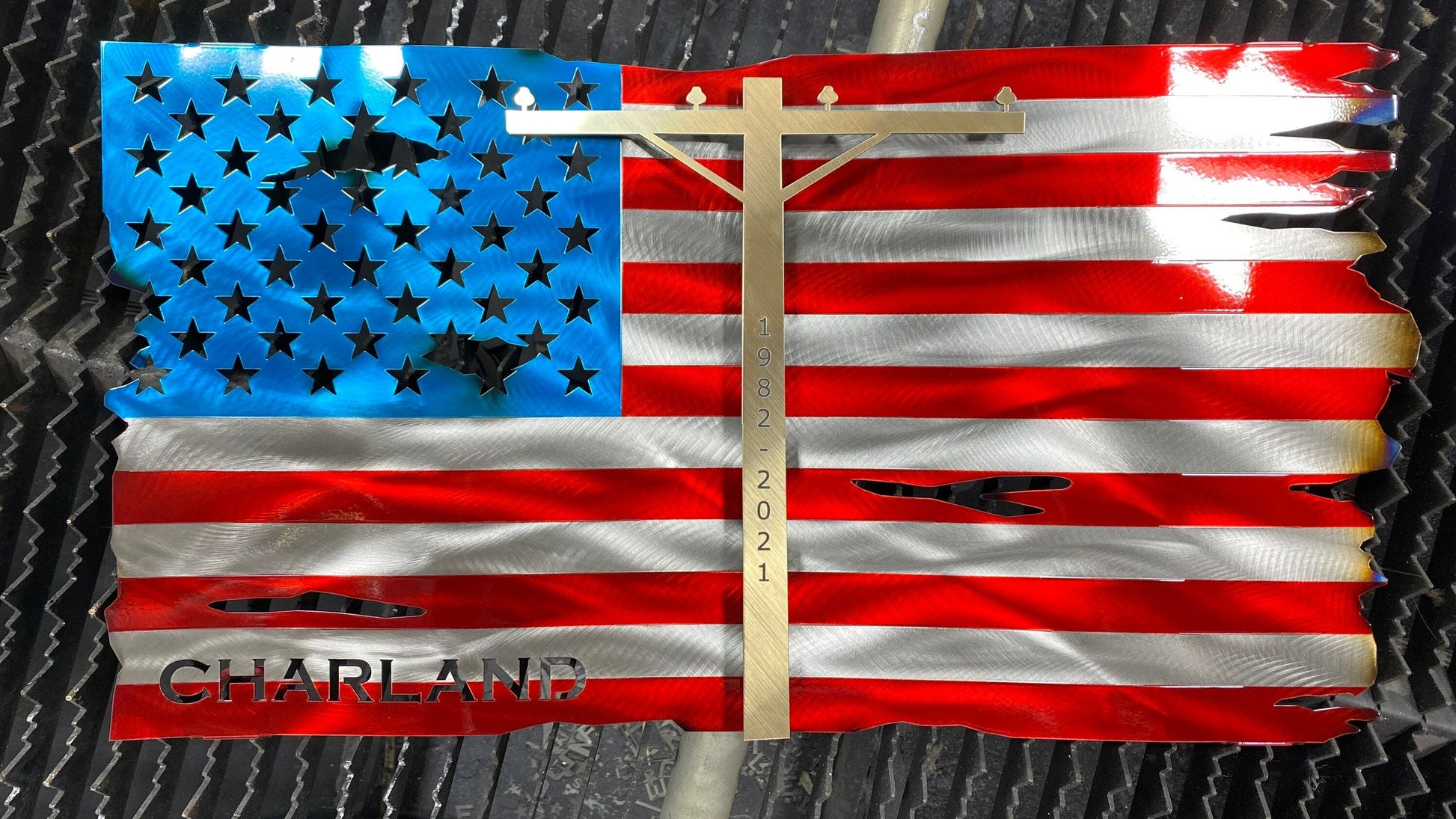 Personalized Lineman metal American flag with silhouette and wave pattern
