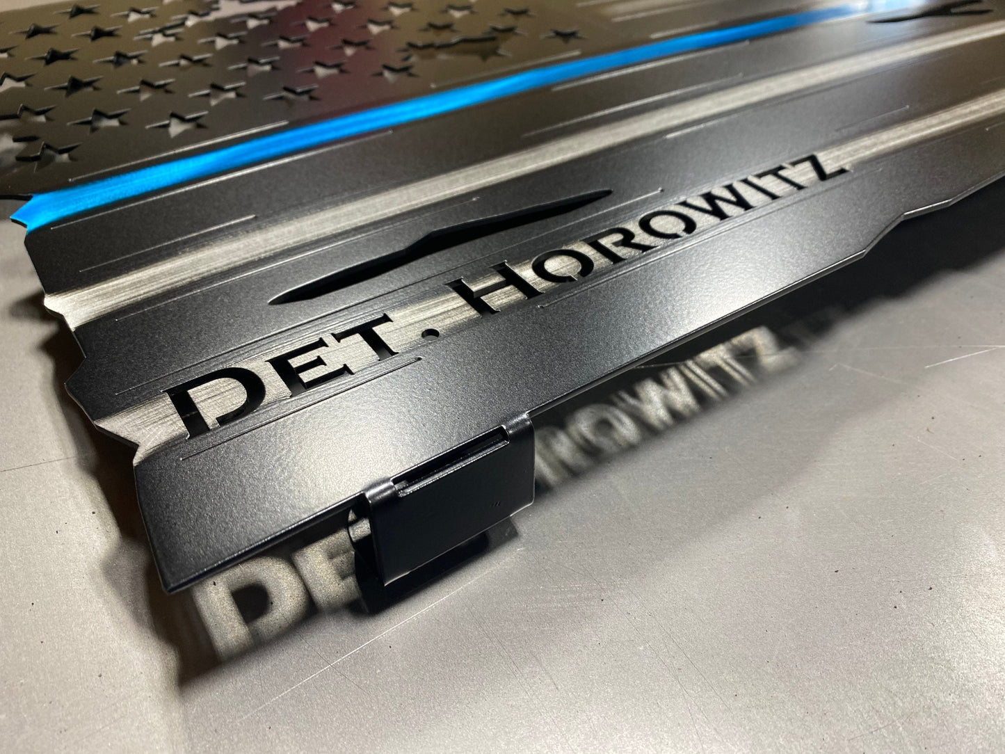 Custom metal Thin Blue Line American flag with personalized name or badge number