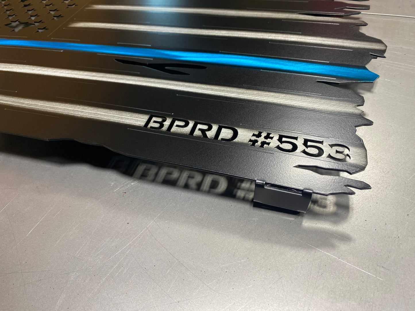 Custom metal Thin Blue Line American flag with personalized name or badge number