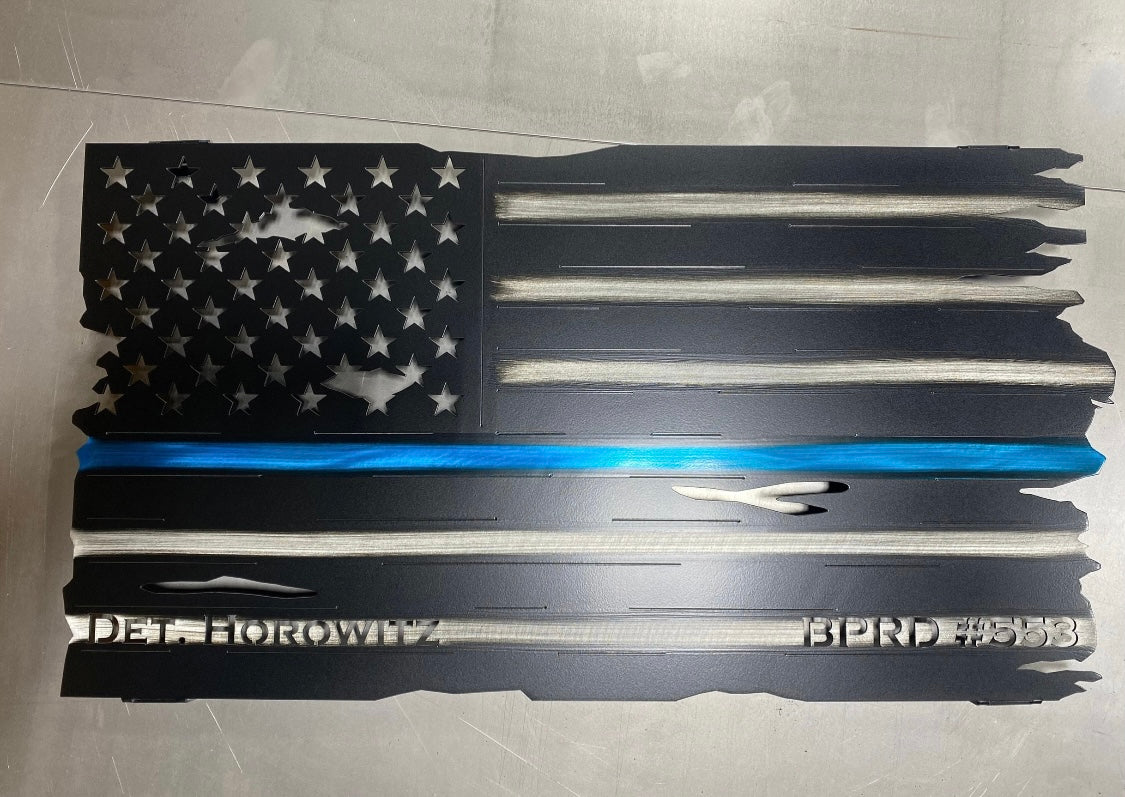 Custom metal Thin Blue Line American flag with personalized name or badge number