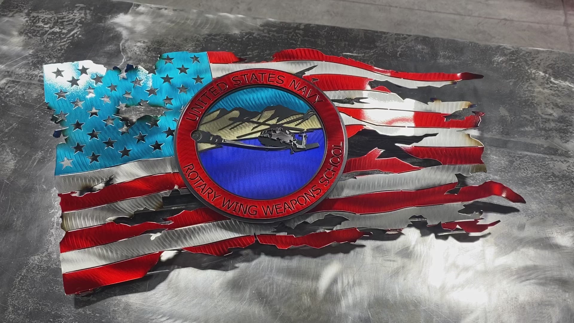 Metal wall art with Rotary Wing Weapons School full-color insignia