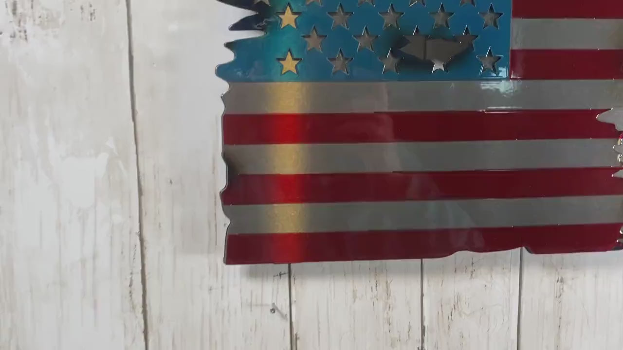 Metal American flag with Ranger’s Creed laser etched, red and blue powder coat finish