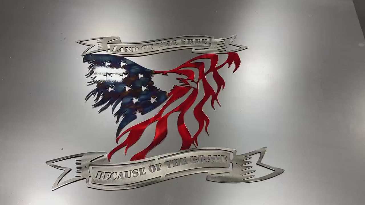 Land of the Free, Because of the Brave metal eagle with battle-worn flag finish,  with heat patina and Red powder coat