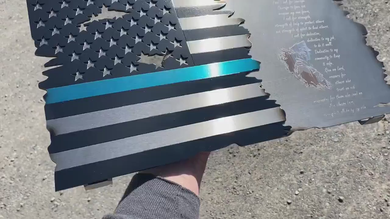 Thin Blue Line Metal American Flag with Policeman’s Prayer, wall-mounted