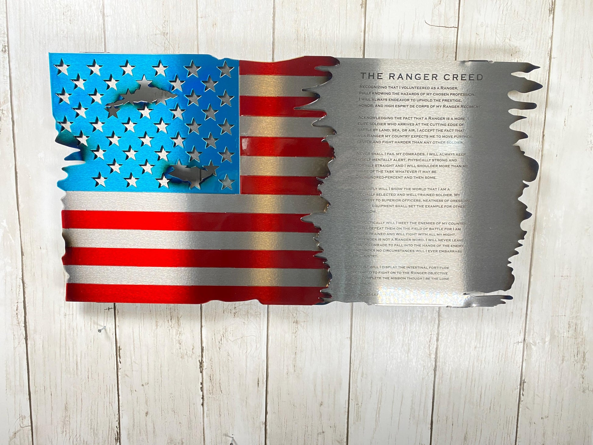 Metal American flag with Ranger’s Creed laser etched, red and blue powder coat finish