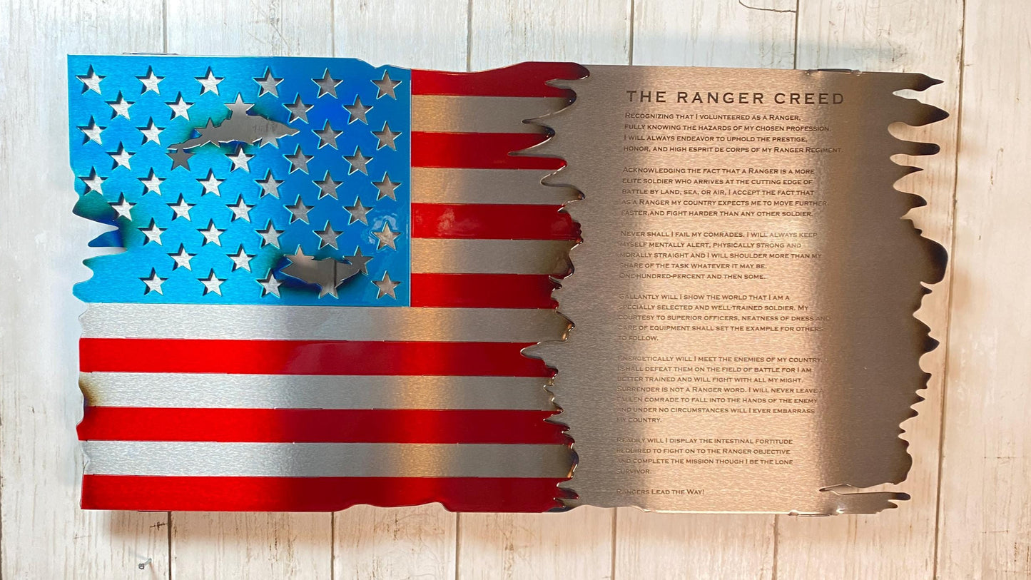 Metal American flag with Ranger’s Creed laser etched, red and blue powder coat finish