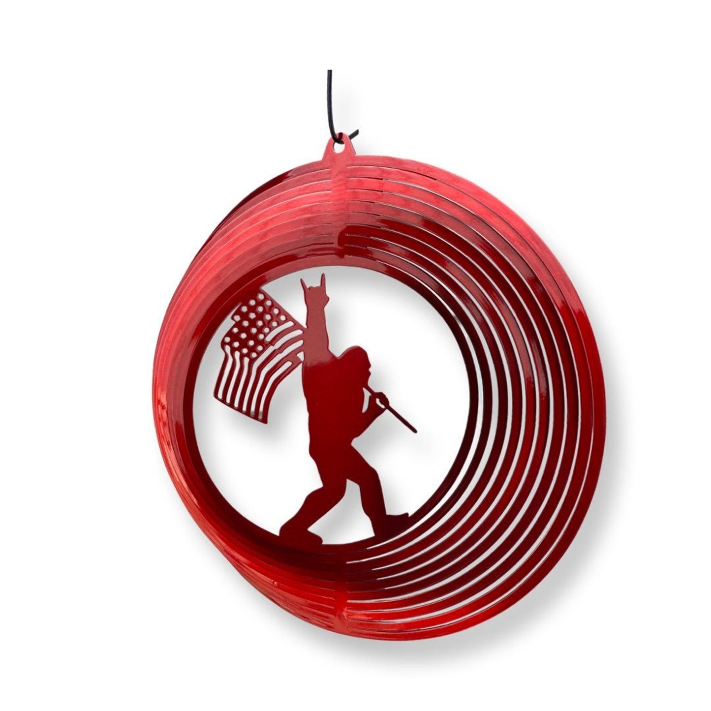 Metal Sasquatch windspinner with American flag for yard or garden