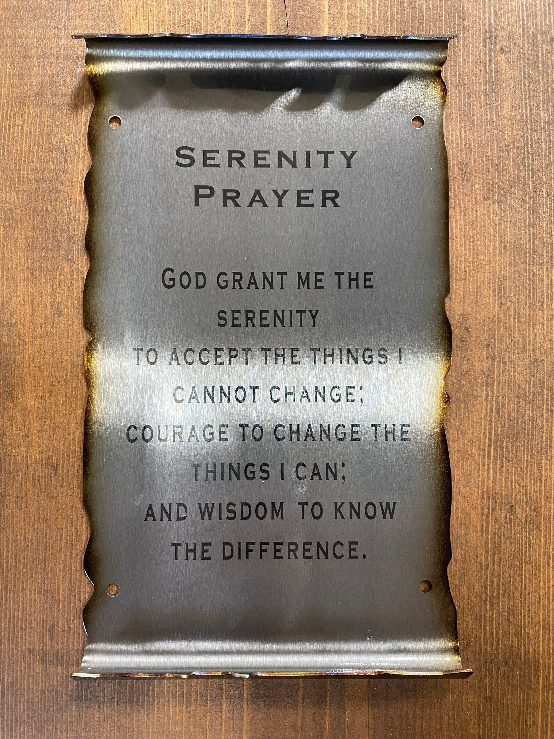 Serenity Prayer Metal Scroll, handcrafted American steel wall art with laser-etched text, heat patina accents, and a clear powder coat finish by CnS CnC.