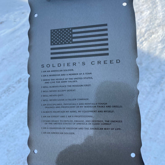 Laser engraved Army Soldier’s Creed scroll on American steel with powder coat and heat patina, 6x10 inches military wall decor