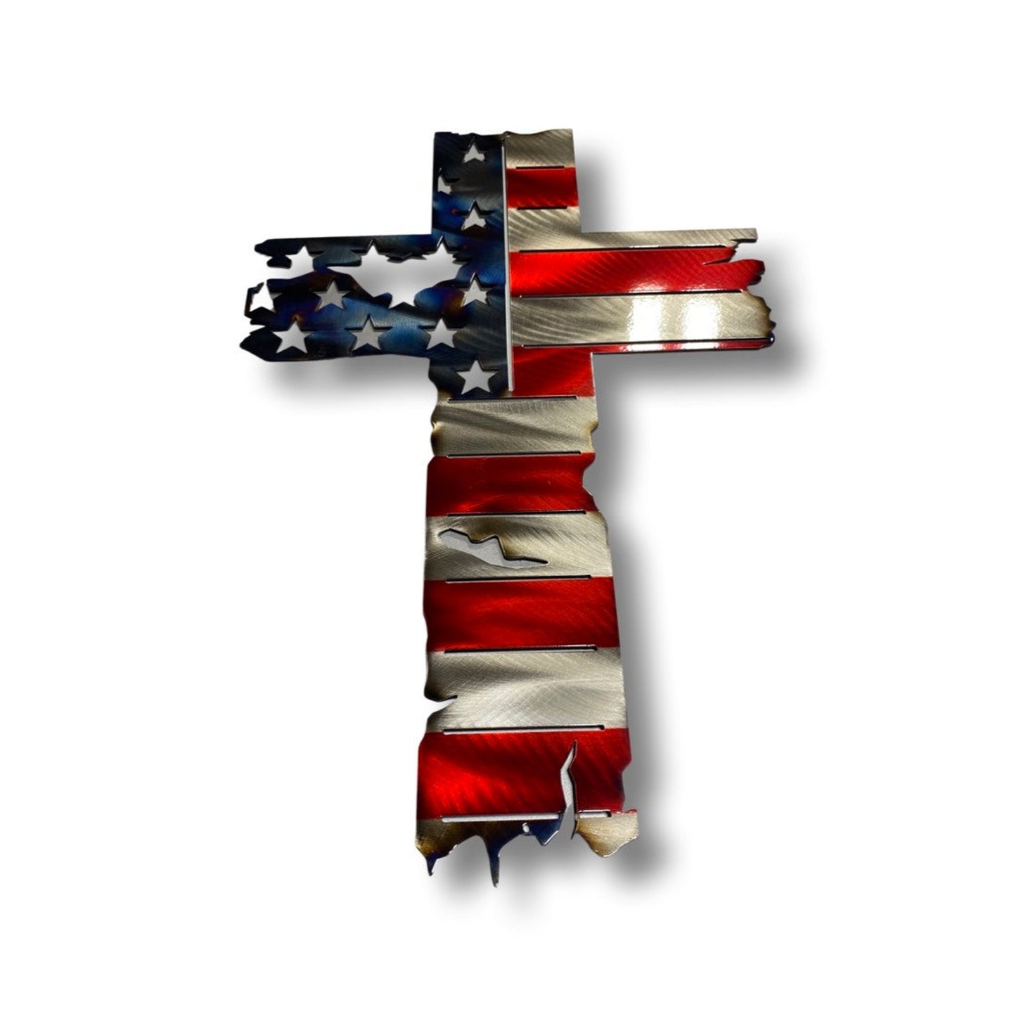 Metal cross with distressed American flag design for wall decor