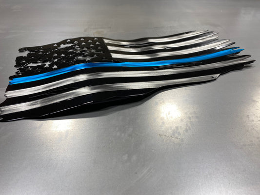 Thin Blue Line metal American flag made from powder coated steel, honoring law enforcement service, handcrafted by CnS CnC in the USA