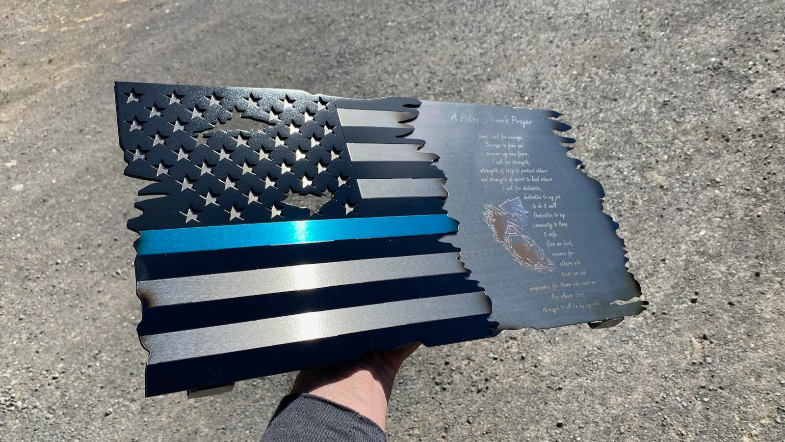 Thin Blue Line Metal American Flag with Policeman’s Prayer, wall-mounted
