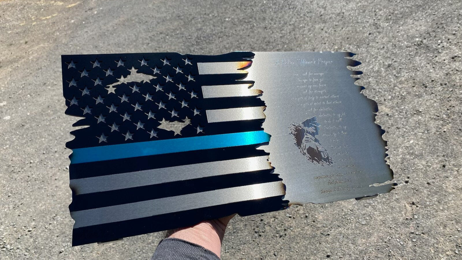 Thin Blue Line Metal American Flag with Policeman’s Prayer, wall-mounted
