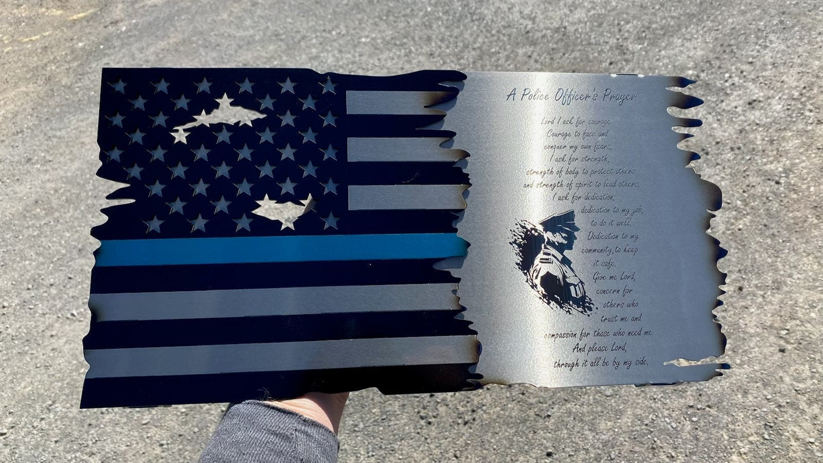 Thin Blue Line Metal American Flag with Policeman’s Prayer, wall-mounted