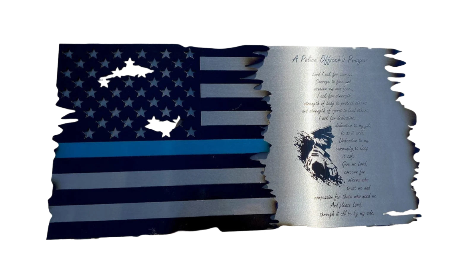 Thin Blue Line Metal American Flag with Policeman’s Prayer, wall-mounted