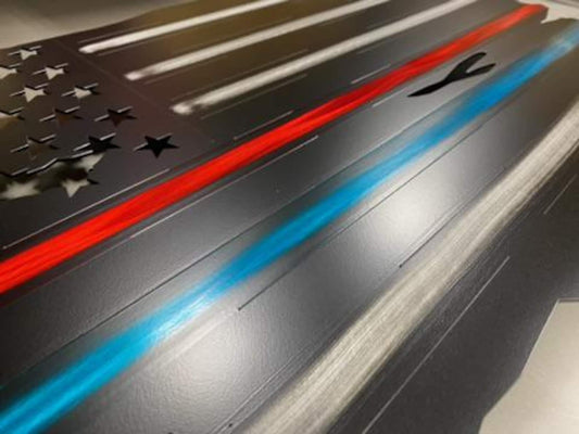 Metal American flag with Thin Red and Blue Lines for firefighters and police